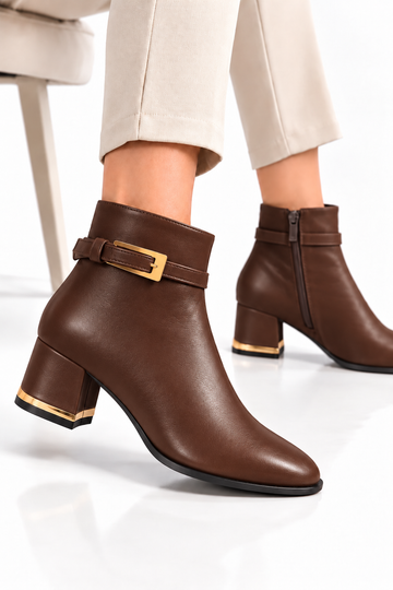 Kadın Kahverengi Cilt Tokalı Topuklu Su Geçirmez Bot LND1154