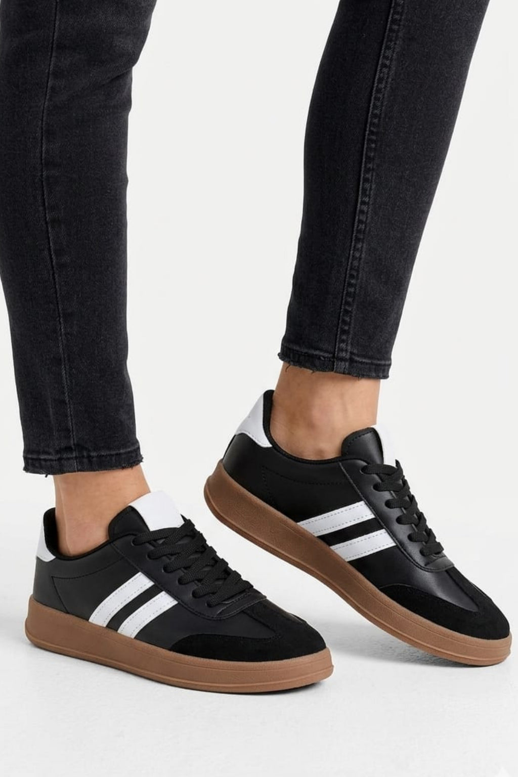 Corin Siyah Beyaz Unisex Kahve Taban Bağcıklı Günlük Spor Ayakkabı LND4202 - Görsel 1