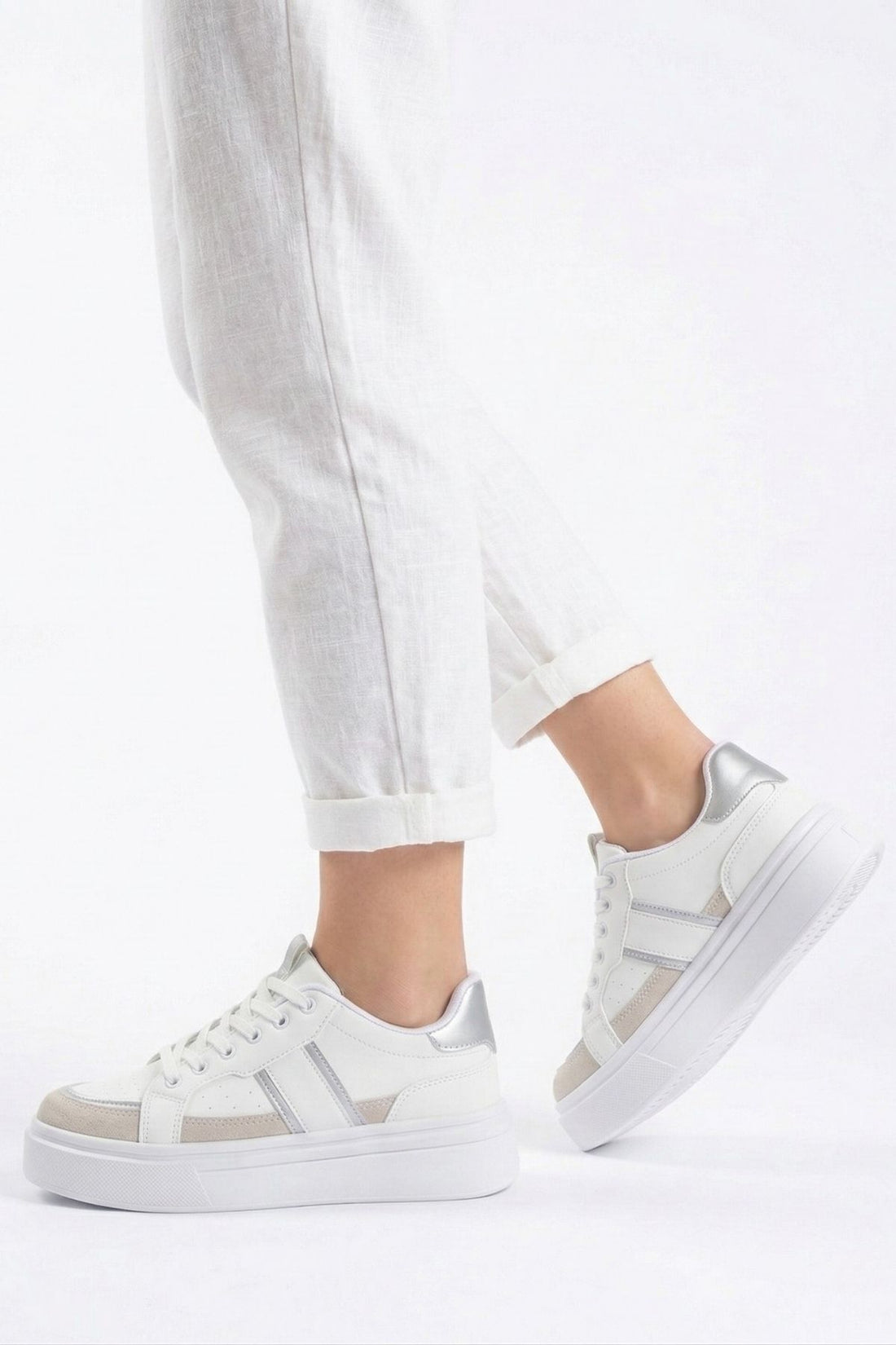 Unisex Beyaz Gümüş Günlük Rahat Spor Ayakkabı LND4146 - Görsel 1