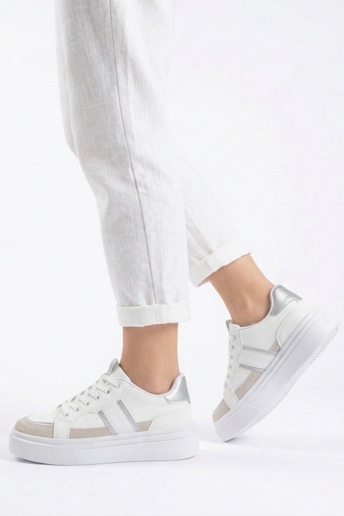 Unisex Beyaz Gümüş Günlük Rahat Spor Ayakkabı LND4146 - Görsel 2