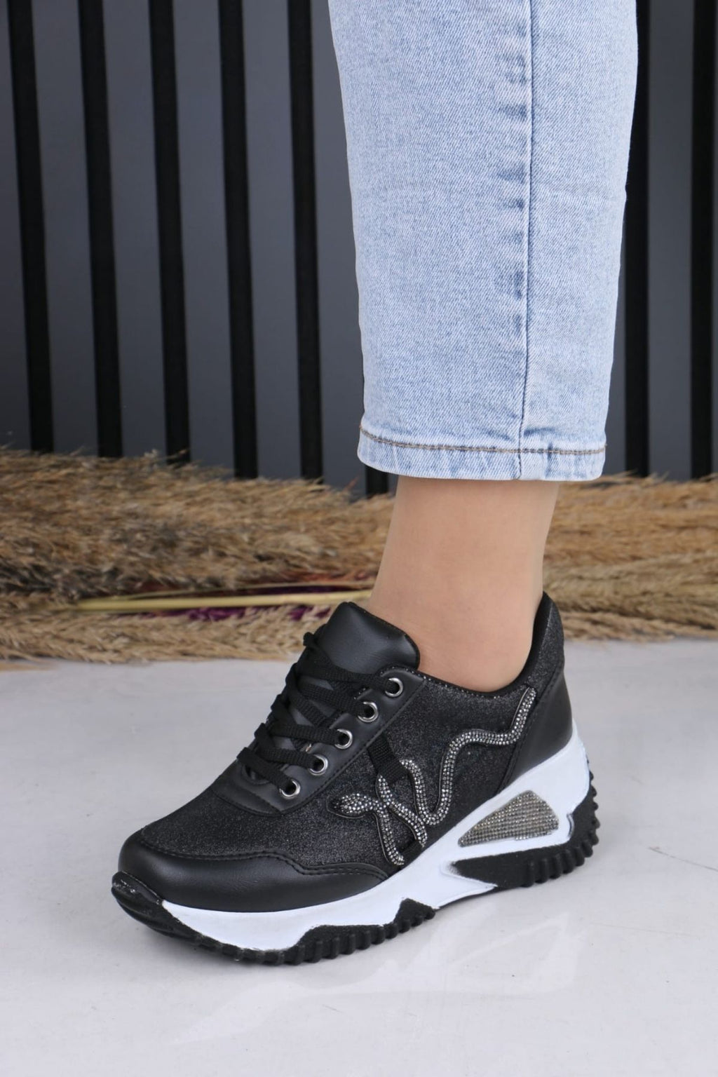 Kadın Siyah Beyaz Yılan Taş Desenli Sneaker LND4142 - Görsel 3