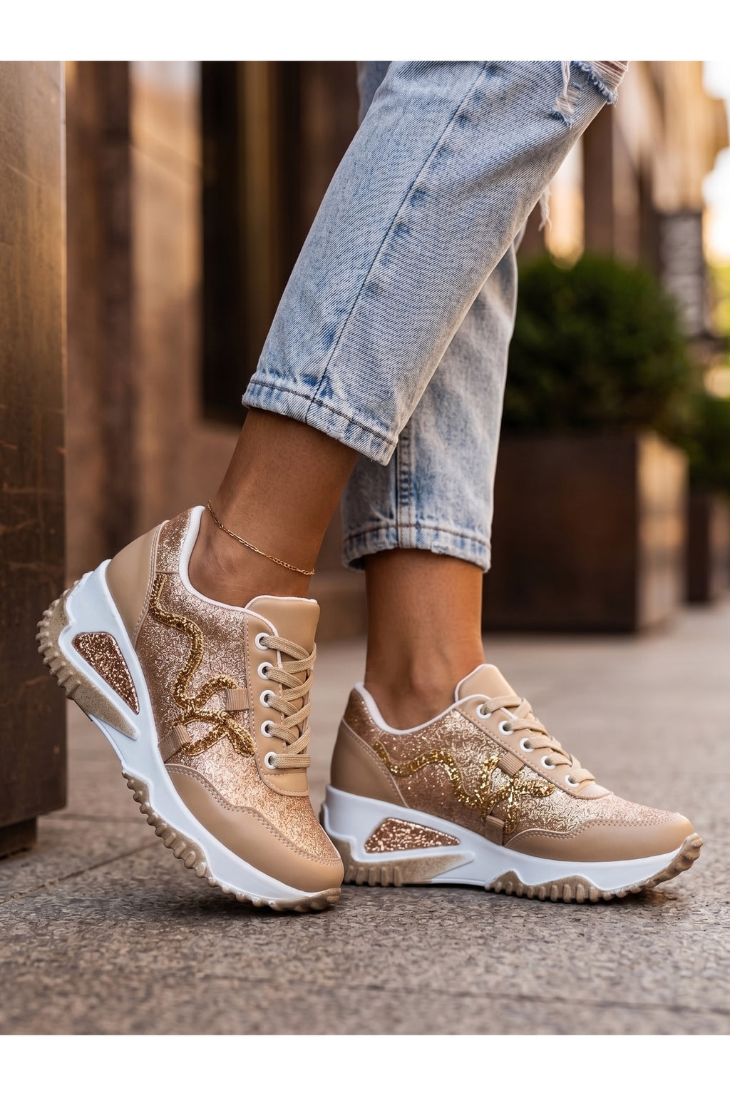 Kadın Krem Yılan Taş Desenli Sneaker LND4142 - Görsel 1