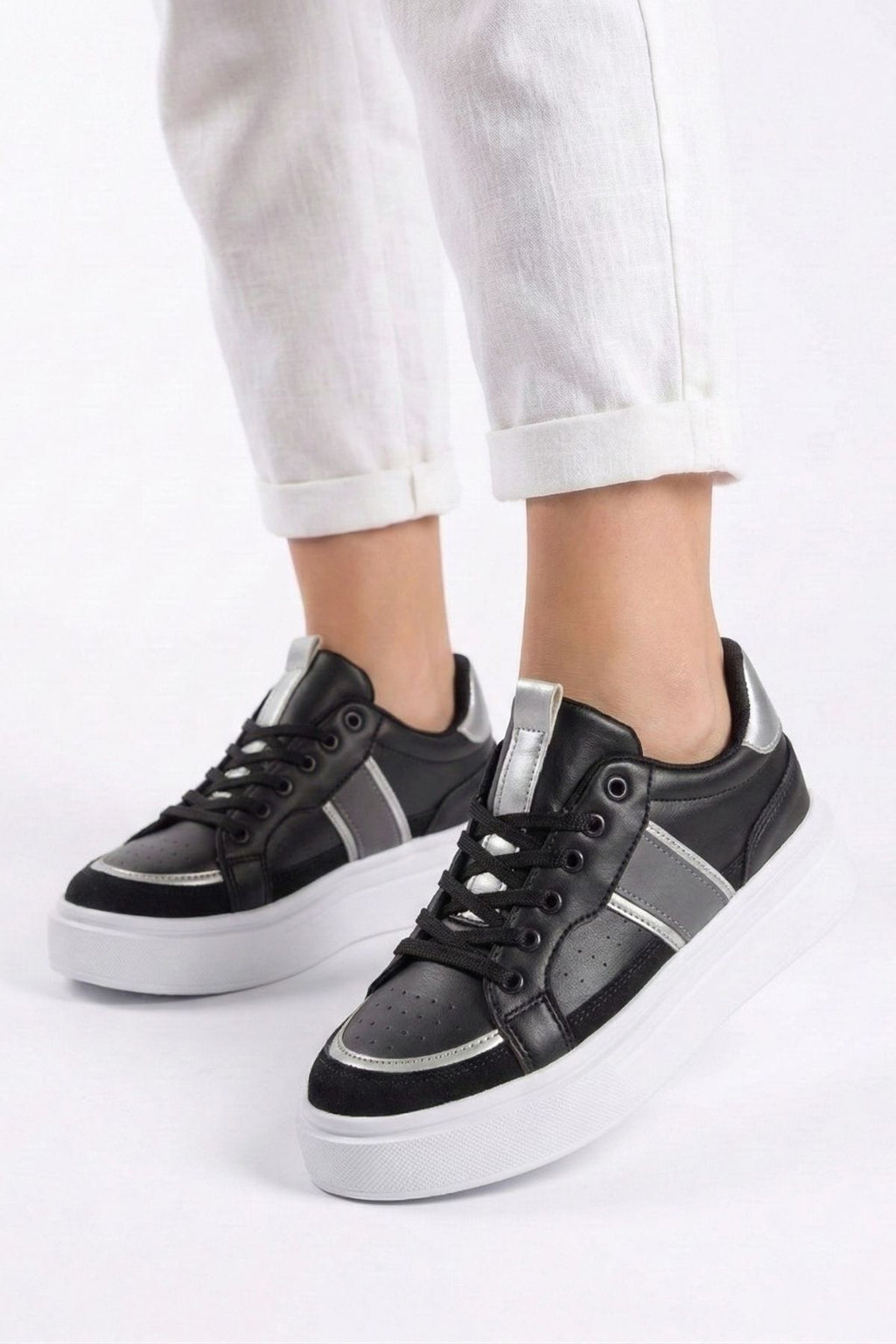 Unisex Siyah Gümüş Günlük Rahat Spor Ayakkabı LND4146 - Görsel 1