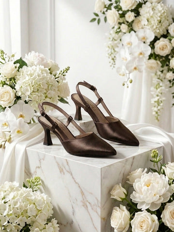 Kadın Kahve Sade Saten Arkası Açık 7 Cm Topuklu Ayakkabı LND3212