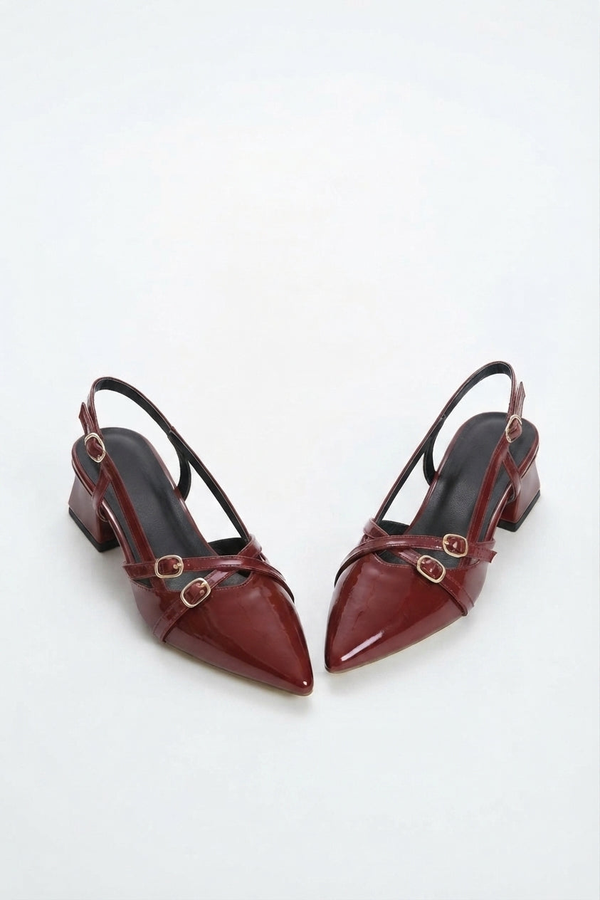 Kadın Bordo Rugan Çift Toka 4 Cm Topuklu Günlük Klasik Ayakkabı LDN3042