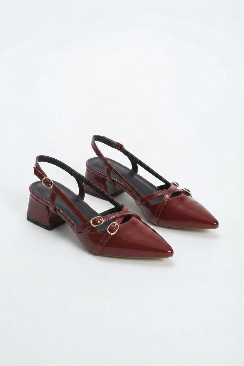 Kadın Bordo Rugan Çift Toka 4 Cm Topuklu Günlük Klasik Ayakkabı LDN3042