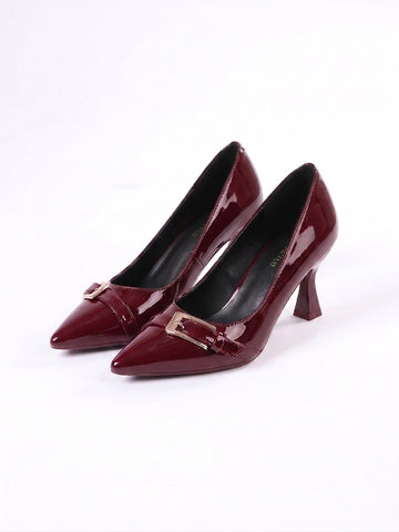 Bordo Rugan Kemer Tokalı Kadın Stiletto Arkası Kapalı Topuklu Ayakkabı NK3220 - Beden 40